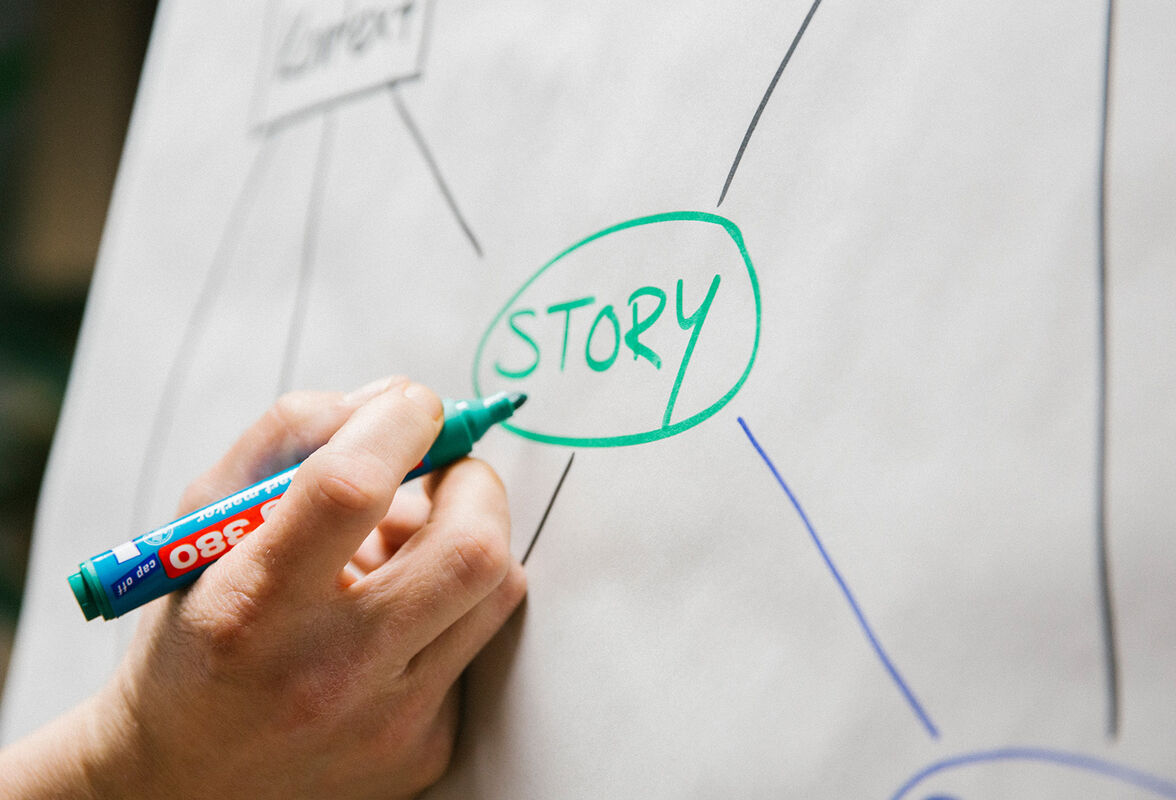 Wirkungsarchitekt Timo Wäschle schreibt das Wort STORY mit einem grünen Textmarker auf ein Flipchart – Strategische visuelle Storyentwicklung bei Corpmedia.