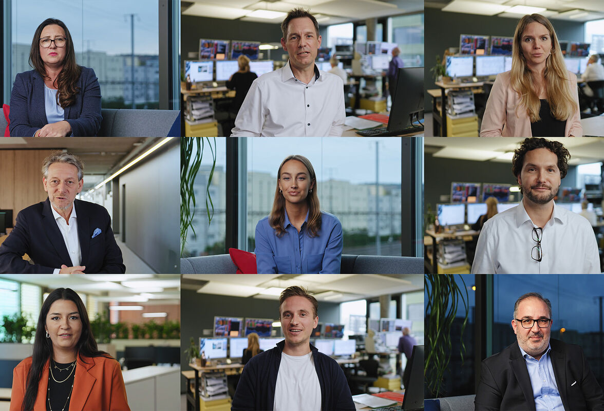 Collage mit Mitarbeitenden und Protagonist:innen der Incore Storyworld-Produktion von CORPMEDIA während der Dreharbeiten bei Incore Bank.