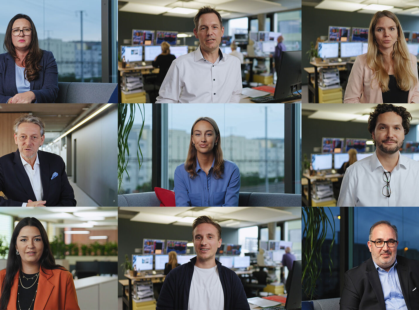 Collage mit Mitarbeitenden und Protagonist:innen der Incore Storyworld-Produktion von CORPMEDIA während der Dreharbeiten bei Incore Bank.