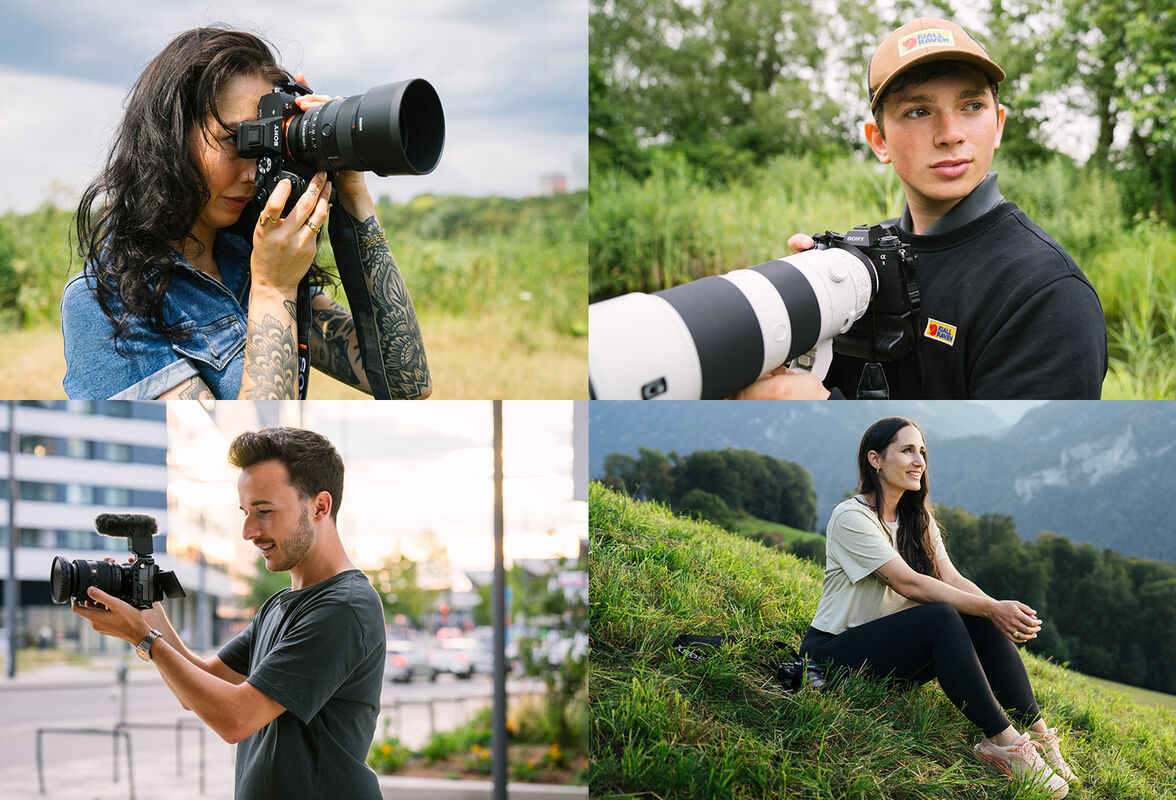 Die vier Sony Creator-Protagonisten der international ausgezeichneten Communities-Kampagne: Rina Rinavie (links oben), Levi Fitze (rechts oben), Ste Krenn (links unten) und Andrea Steffen – @andest (rechts unten) – produziert von CORPMEDIA für Sony Schweiz und Österreich. Ausgezeichnet mit dem Best of Content Marketing Award für Effizienz.