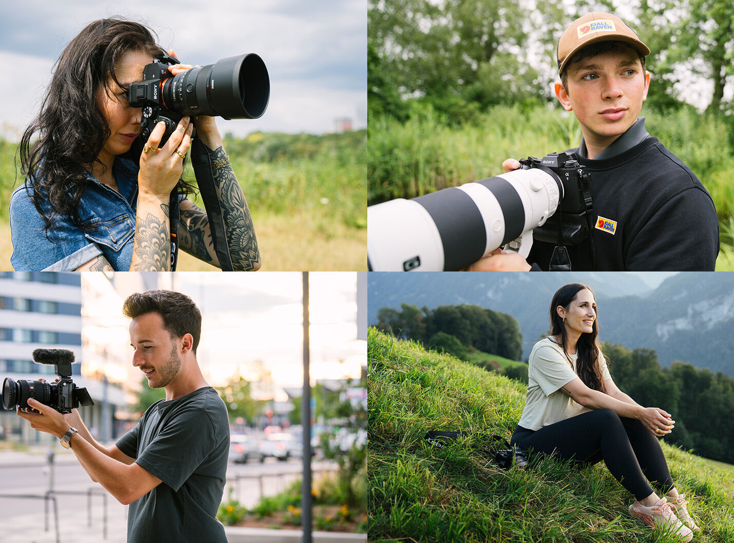 Die vier Sony Creator-Protagonisten der international ausgezeichneten Communities-Kampagne: Rina Rinavie (links oben), Levi Fitze (rechts oben), Ste Krenn (links unten) und Andrea Steffen – @andest (rechts unten) – produziert von CORPMEDIA für Sony Schweiz und Österreich. Ausgezeichnet mit dem Best of Content Marketing Award für Effizienz.