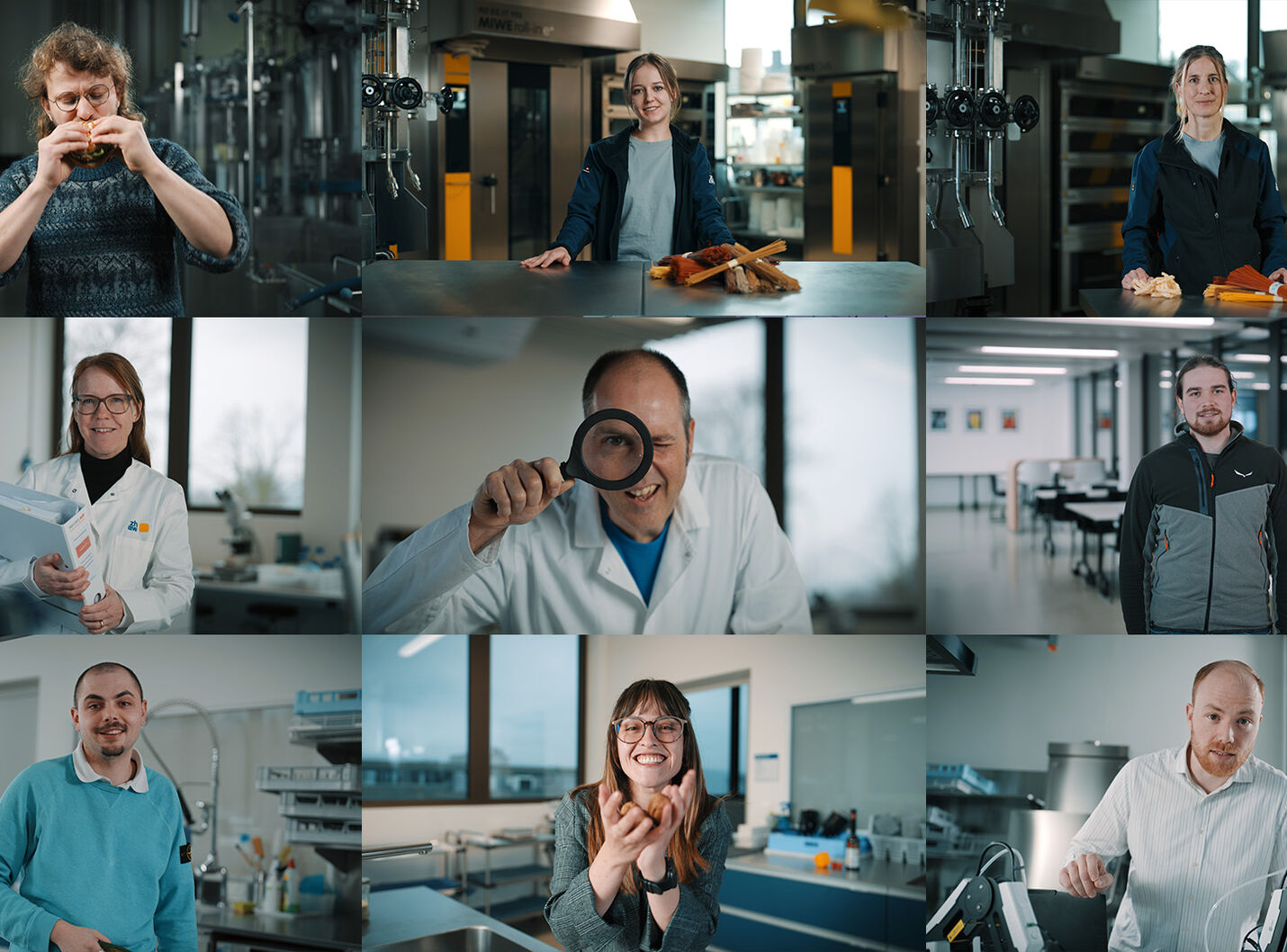 Collage der ZHAW Wädenswil Recruiting Storyworld mit neun Protagonist:innen aus Forschung, Lehre und Praxis – produziert von CORPMEDIA an einem Drehtag mit über 352 Video- und Fotoformaten für Recruiting und Employer Branding.