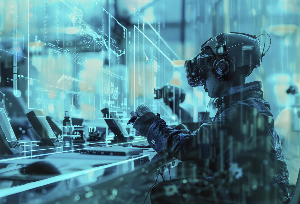 Futuristische KI-Visualisierung eines digitalen Arbeitsplatzes mit VR-Technologie und holografischen Interfaces. Das Bild „The Future of Work“ wurde von Mathias Kniepeiss für Endlivity Creative Labs erstellt und zeigt die Verschmelzung von Mensch, Technologie und künstlicher Intelligenz.